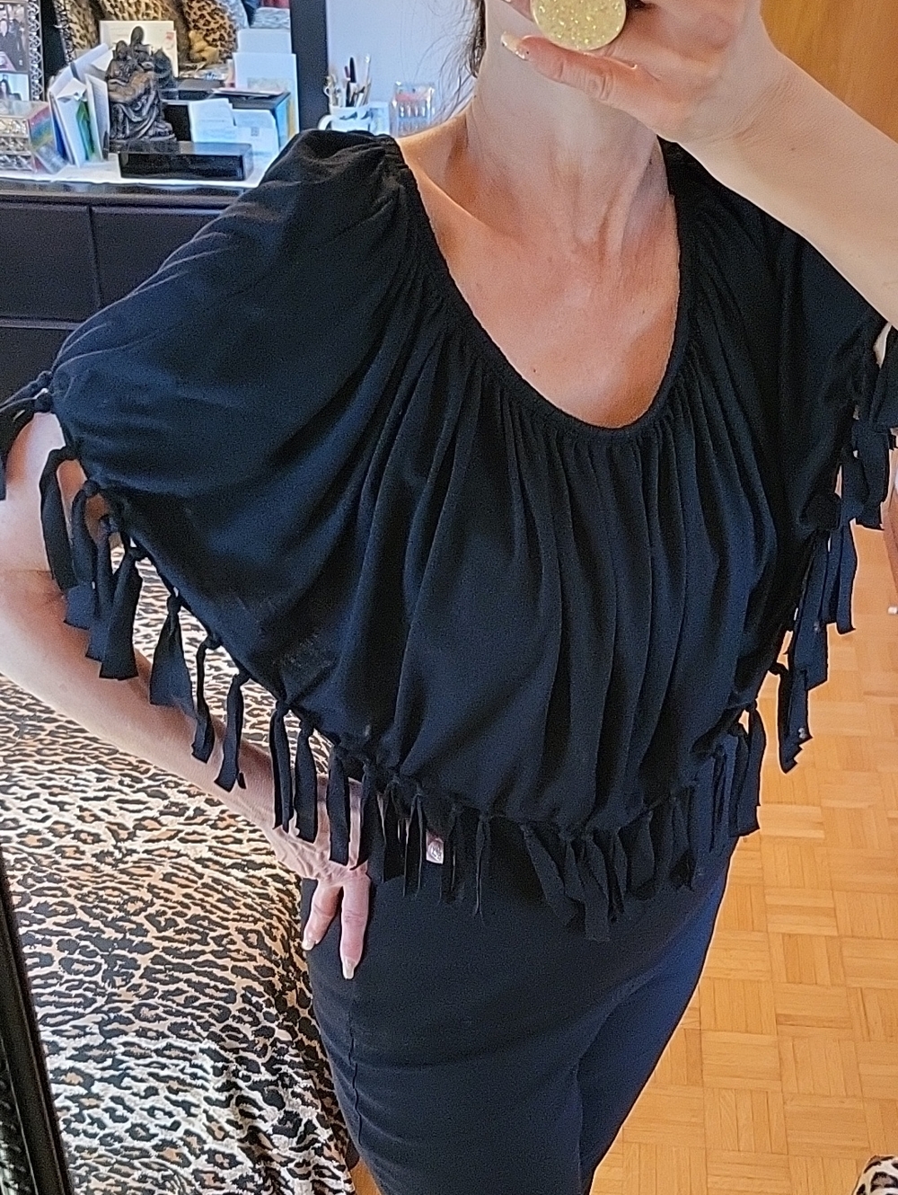 NEW! Black Tassel Tie Detail Boho Crop Top, NY Collection, M
